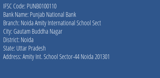 Punjab National Bank Noida Amity International School Sect Branch, Branch Code 100110 & IFSC Code PUNB0100110
