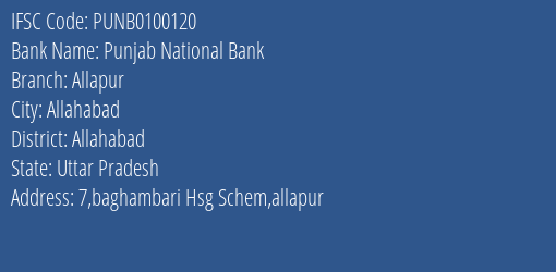 Punjab National Bank Allapur Branch Allahabad IFSC Code PUNB0100120