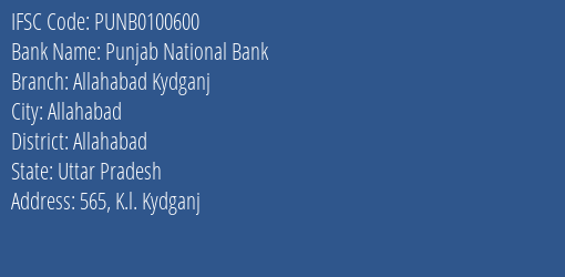 Punjab National Bank Allahabad Kydganj Branch, Branch Code 100600 & IFSC Code Punb0100600