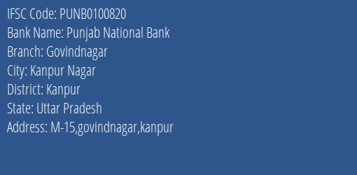 Punjab National Bank Govindnagar Branch, Branch Code 100820 & IFSC Code PUNB0100820