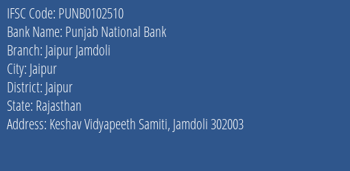 Punjab National Bank Jaipur Jamdoli Branch Jaipur IFSC Code PUNB0102510