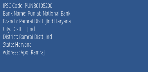Punjab National Bank Pamrai Distt. Jind Haryana Branch Ramrai Distt Jind IFSC Code PUNB0105200