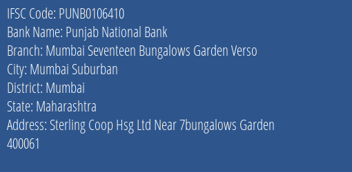 Punjab National Bank Mumbai Seventeen Bungalows Garden Verso Branch IFSC Code
