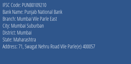 Punjab National Bank Mumbai Vile Parle East Branch IFSC Code