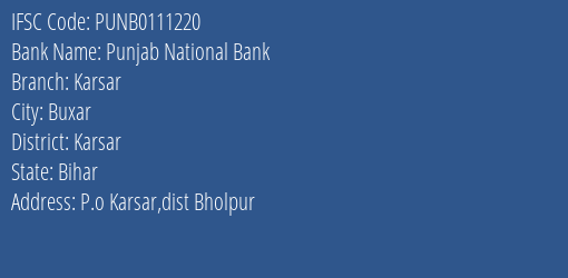 Punjab National Bank Karsar Branch Karsar IFSC Code PUNB0111220