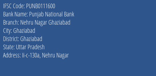 Punjab National Bank Nehru Nagar Ghaziabad Branch, Branch Code 111600 & IFSC Code PUNB0111600