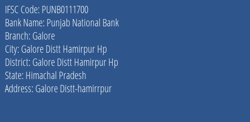 Punjab National Bank Galore Branch IFSC Code
