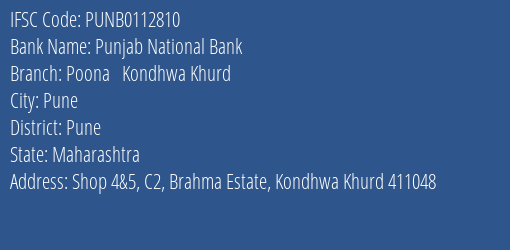 Punjab National Bank Poona Kondhwa Khurd Branch Pune IFSC Code PUNB0112810