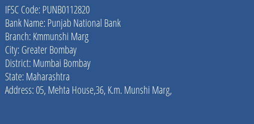 Punjab National Bank Kmmunshi Marg Branch, Branch Code 112820 & IFSC Code PUNB0112820