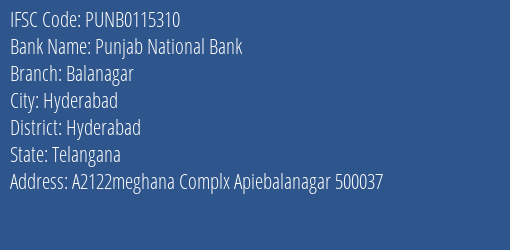 Punjab National Bank Balanagar Branch, Branch Code 115310 & IFSC Code PUNB0115310