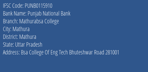 Punjab National Bank Mathurabsa College Branch Mathura IFSC Code PUNB0115910