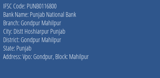 Punjab National Bank Gondpur Mahilpur Branch, Branch Code 116800 & IFSC Code PUNB0116800