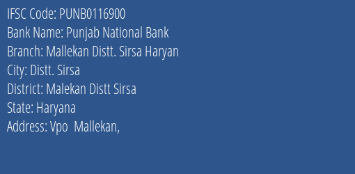 Punjab National Bank Mallekan Distt. Sirsa Haryan Branch IFSC Code