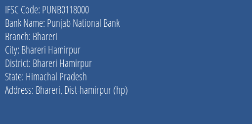 Punjab National Bank Bhareri Branch, Branch Code 118000 & IFSC Code PUNB0118000
