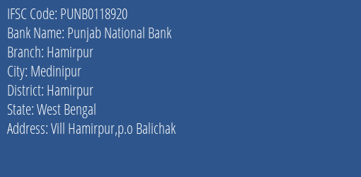 Punjab National Bank Hamirpur Branch, Branch Code 118920 & IFSC Code PUNB0118920