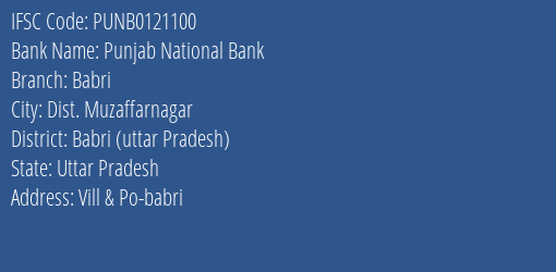 Punjab National Bank Babri Branch Babri Uttar Pradesh IFSC Code PUNB0121100