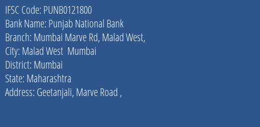 Punjab National Bank Mumbai Marve Rd Malad West Branch IFSC Code