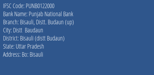 Punjab National Bank Bisauli Distt. Budaun Up Branch Bisauli Distt Budaun IFSC Code PUNB0122000