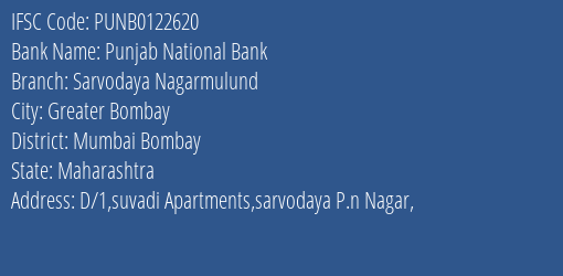 Punjab National Bank Sarvodaya Nagarmulund Branch, Branch Code 122620 & IFSC Code PUNB0122620