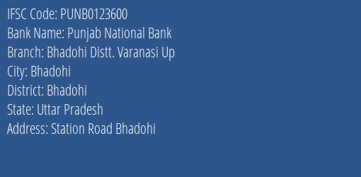 Punjab National Bank Bhadohi Distt. Varanasi Up Branch, Branch Code 123600 & IFSC Code Punb0123600