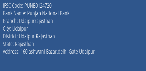 Punjab National Bank Udaipurrajasthan Branch, Branch Code 124720 & IFSC Code PUNB0124720