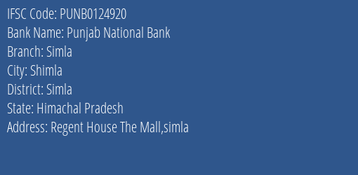 Punjab National Bank Simla Branch Simla IFSC Code PUNB0124920