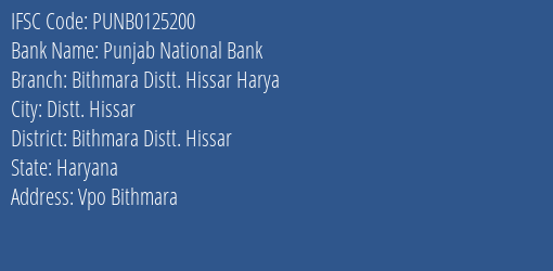 Punjab National Bank Bithmara Distt. Hissar Harya Branch IFSC Code
