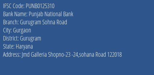 Punjab National Bank Gurugram Sohna Road Branch Gurugram IFSC Code PUNB0125310