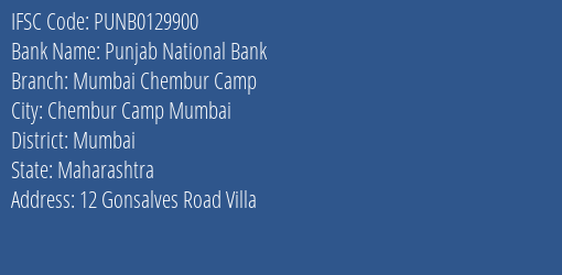 Punjab National Bank Mumbai Chembur Camp Branch, Branch Code 129900 & IFSC Code PUNB0129900