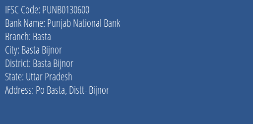 Punjab National Bank Basta Branch Basta Bijnor IFSC Code PUNB0130600