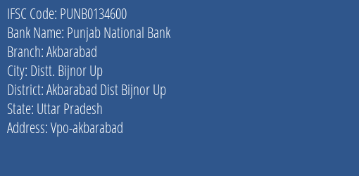 Punjab National Bank Akbarabad Branch Akbarabad Dist Bijnor Up IFSC Code PUNB0134600