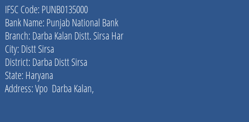 Punjab National Bank Darba Kalan Distt. Sirsa Har Branch IFSC Code