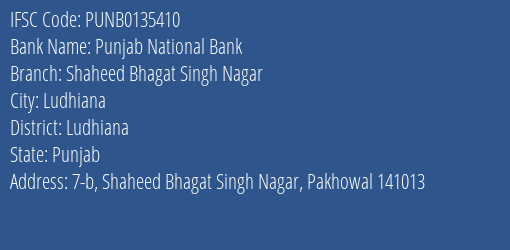 Punjab National Bank Shaheed Bhagat Singh Nagar Branch, Branch Code 135410 & IFSC Code PUNB0135410