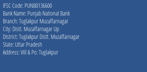 Punjab National Bank Tuglakpur Muzaffarnagar Branch, Branch Code 136600 & IFSC Code Punb0136600
