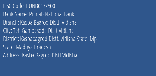 Punjab National Bank Kasba Bagrod Distt. Vidisha Branch Kasbabagrod Distt. Vidisha State Mp IFSC Code PUNB0137500