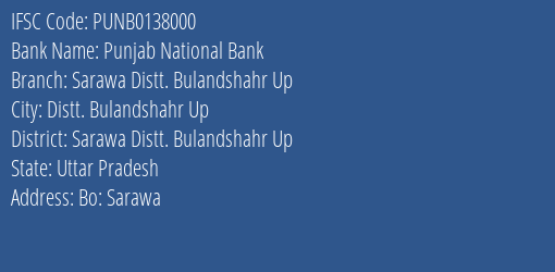Punjab National Bank Sarawa Distt. Bulandshahr Up Branch Sarawa Distt. Bulandshahr Up IFSC Code PUNB0138000