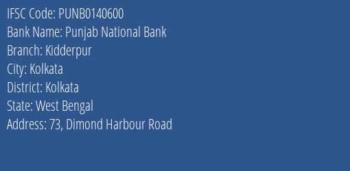 Punjab National Bank Kidderpur Branch, Branch Code 140600 & IFSC Code PUNB0140600