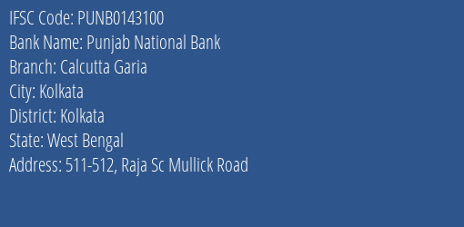 Punjab National Bank Calcutta Garia Branch Kolkata IFSC Code PUNB0143100