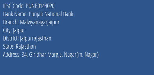 Punjab National Bank Malviyanagarjaipur Branch IFSC Code