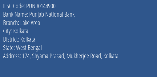 Punjab National Bank Lake Area Branch, Branch Code 144900 & IFSC Code PUNB0144900