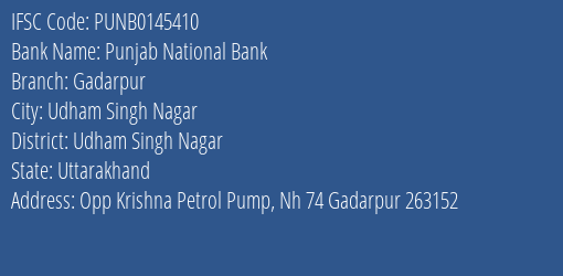 Punjab National Bank Gadarpur Branch Udham Singh Nagar IFSC Code PUNB0145410