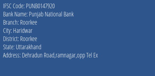 Punjab National Bank Roorkee Branch Roorkee IFSC Code PUNB0147920