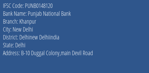 Punjab National Bank Khanpur Branch, Branch Code 148120 & IFSC Code PUNB0148120