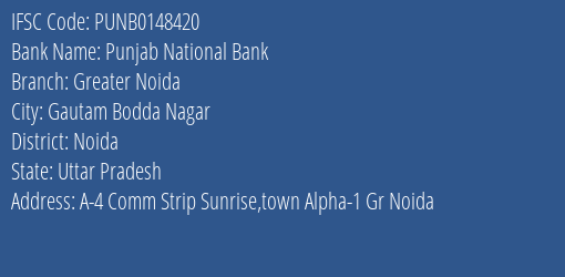 Punjab National Bank Greater Noida Branch, Branch Code 148420 & IFSC Code PUNB0148420
