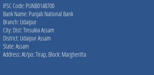 Punjab National Bank Udaipur Branch, Branch Code 148700 & IFSC Code PUNB0148700