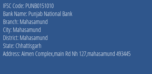 Punjab National Bank Mahasamund Branch Mahasamund IFSC Code PUNB0151010
