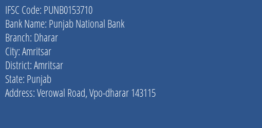 Punjab National Bank Dharar Branch Amritsar IFSC Code PUNB0153710