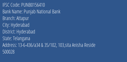 Punjab National Bank Attapur Branch, Branch Code 156410 & IFSC Code PUNB0156410