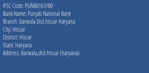 Punjab National Bank Barwala Dist.hissar Haryana Branch IFSC Code