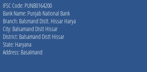 Punjab National Bank Balsmand Distt. Hissar Harya Branch IFSC Code